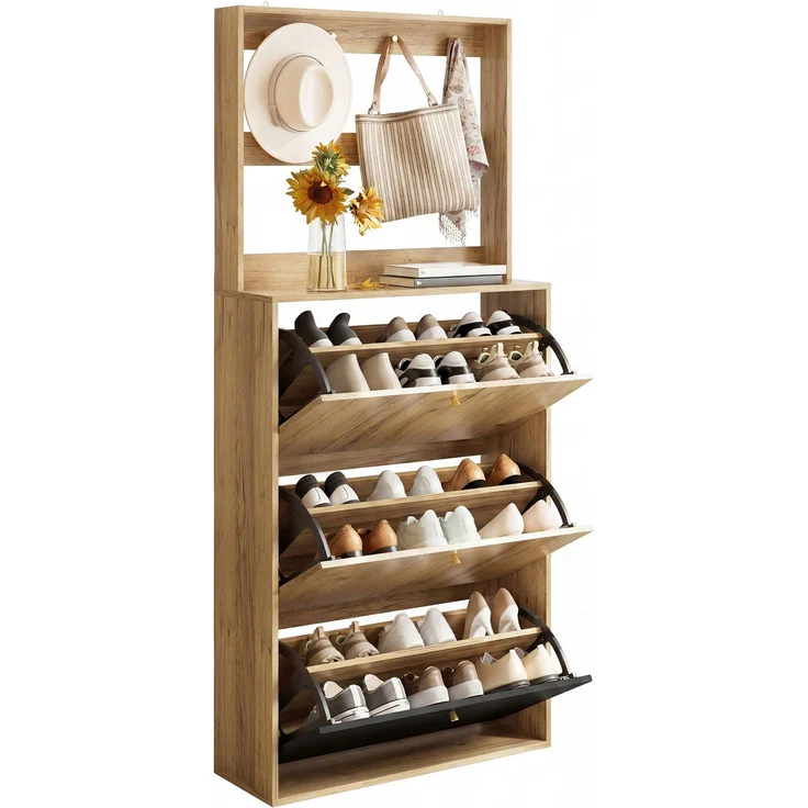 ZUBALIYA Schuhschrank (75 x 24 x 180 cm), Haken zur Aufbewahrung, Aus Spanplatte, Stauraum für Flur und Eingangsbereich, Schwarz / Naturfarben – Bild 23