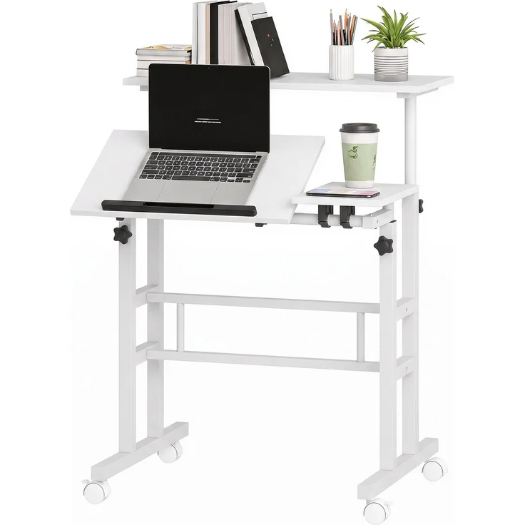 Steh-Sitz-Schreibtisch, höhenverstellbarer Schreibtisch 70 x 60 cm, auf Rollen mit neigbarer Tischplatte, 70 x 60 x 70,5–120 cm, Weiß – Bild 2