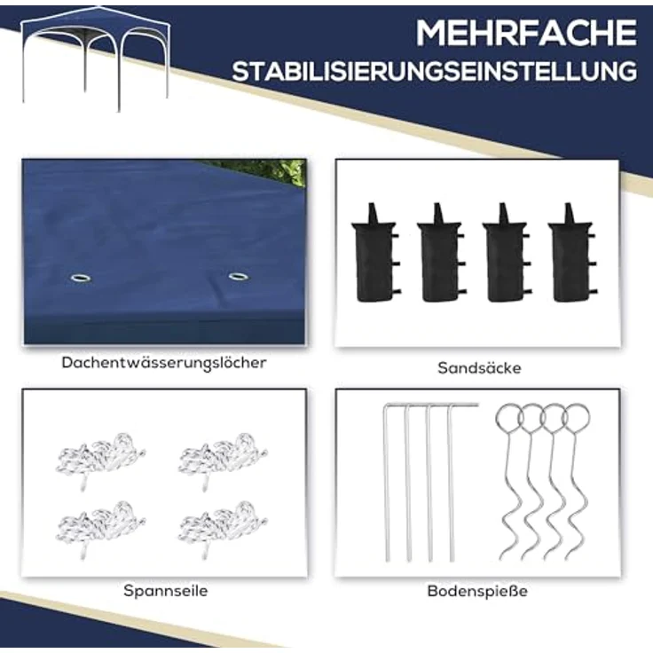Outsunny Faltpavillon 2,95 x 2,95 m mit UV-Schutz, höhenverstellbar, Tragetasche und Sandsack, Blau – Bild 5