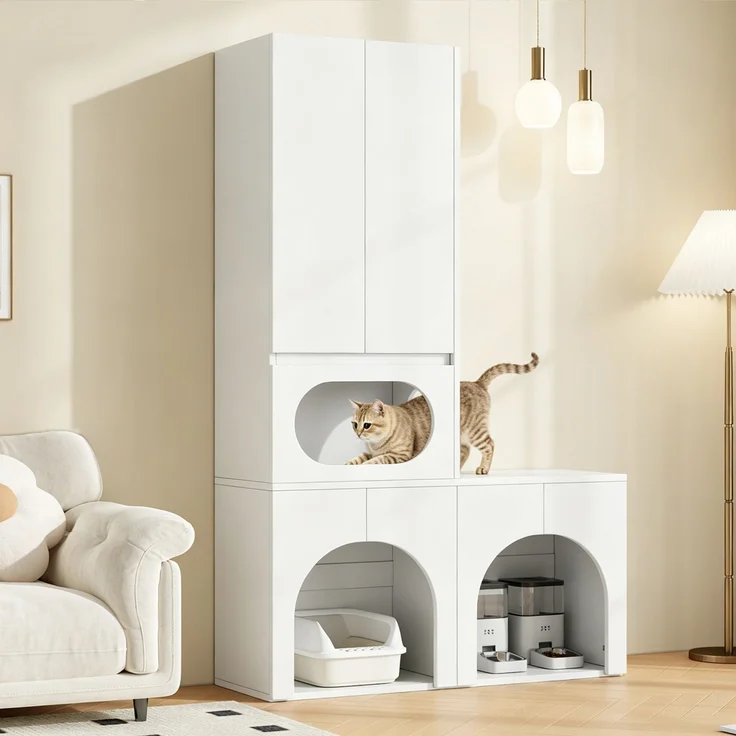 Katzentoilettenschrank, Haustierschrank, Haustier-Aufbewahrungsschrank, für 2 Katzentoiletten, mit Kratzsäule und Ruhebereich, Haustierschrank für Katzen und Hunde, weiß, 140 x 45 x 195 cm--Weiß--140x45x195cm--YOUDENOVA – Bild 1