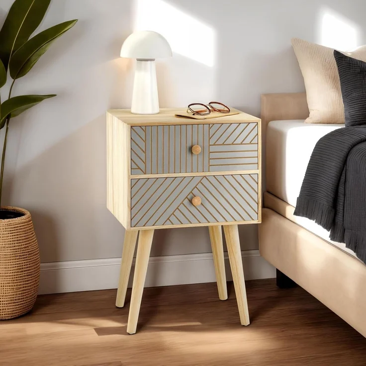IDIMEX Nachttisch PELO, Nachttisch Nachtkommode Nachtkasten 2 Schubladen mit Ziernuten Paulown – Bild 2