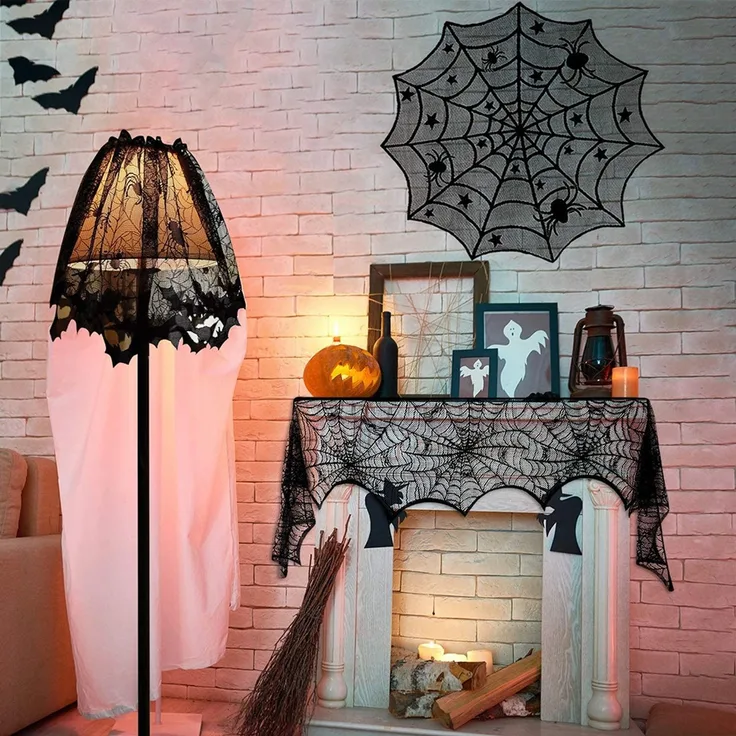 Wohnora-5-teiliges Halloween-Dekorationsset: Tischdecke, Tischläufer und Kaminvorleger mit 3D-Fledermäusen – ideal für Familienessen und gruselige Themenpartys,H 28cm x T 25cm x B 25cm,Schwarz