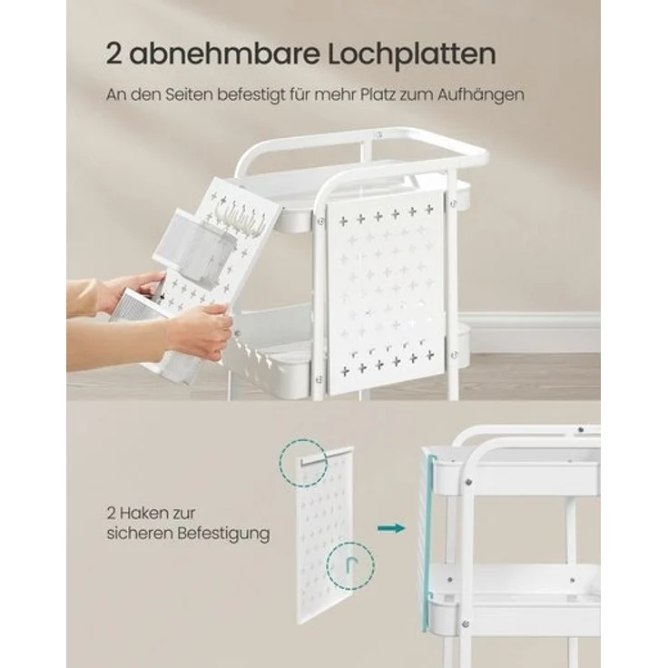 SONGMICS Rollwagen, Küchenwagen, 3 Metallgitterablagen, Servierwagen, 2 abnehmbare Lochplatten, 2 Hängekörbe, 4 Haken, für Büro, Küche, Wohnzimmer, Badezimmer – Bild 4