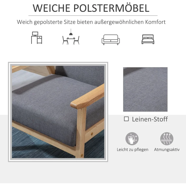 Ohrensessel, Loungesessel mit Armlehnen, Esszimmerstuhl, Relaxsessel in Leinenoptik, Polstersessel, Grau, 64 x 70 x 72 cm--Grau--64x70x72cm--YOUDENOVA – Bild 5