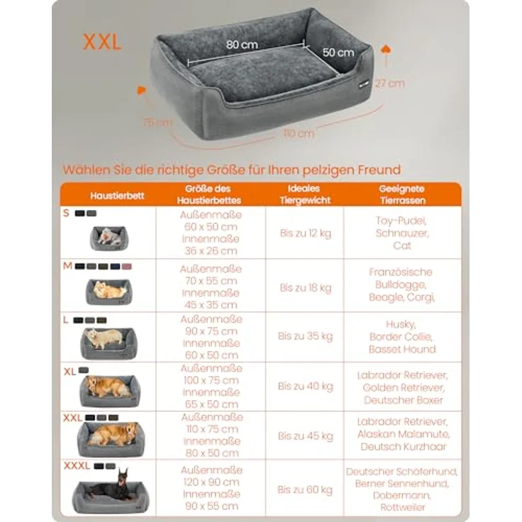 Feandrea Hundebett, Hundekissen in Leinenoptik, Hundekorb, erhöhte Ränder, rutschfeste Unterseite, Bezug abnehmbar waschbar, XL, für große Hunde, 110 x 75 x 27 cm, hellgrau PGW12GG – Bild 6