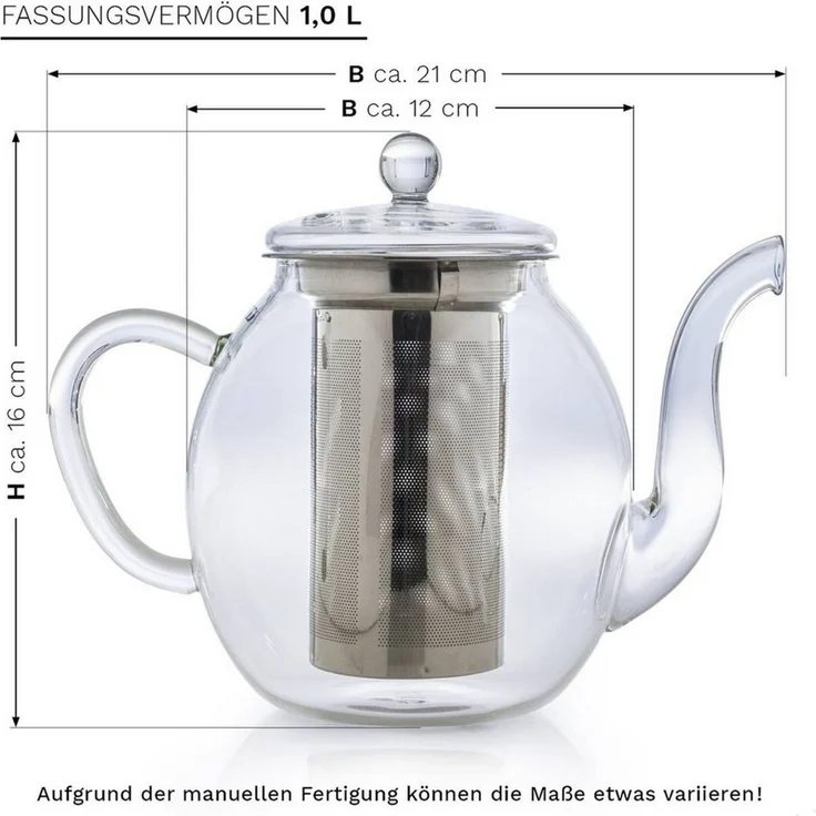 Creano Teekanne Teekanne aus Glas 1,0l - 2 Teeblumen - mit Edelstahl-Sieb und Deckel – Bild 3