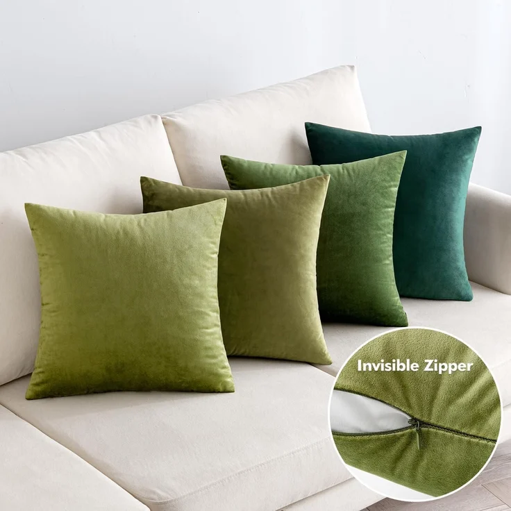 4er Set Samt Kissenbezüge 40x40 cm Salbeigrün Dekorative Sofakissenhüllen – Bild 4