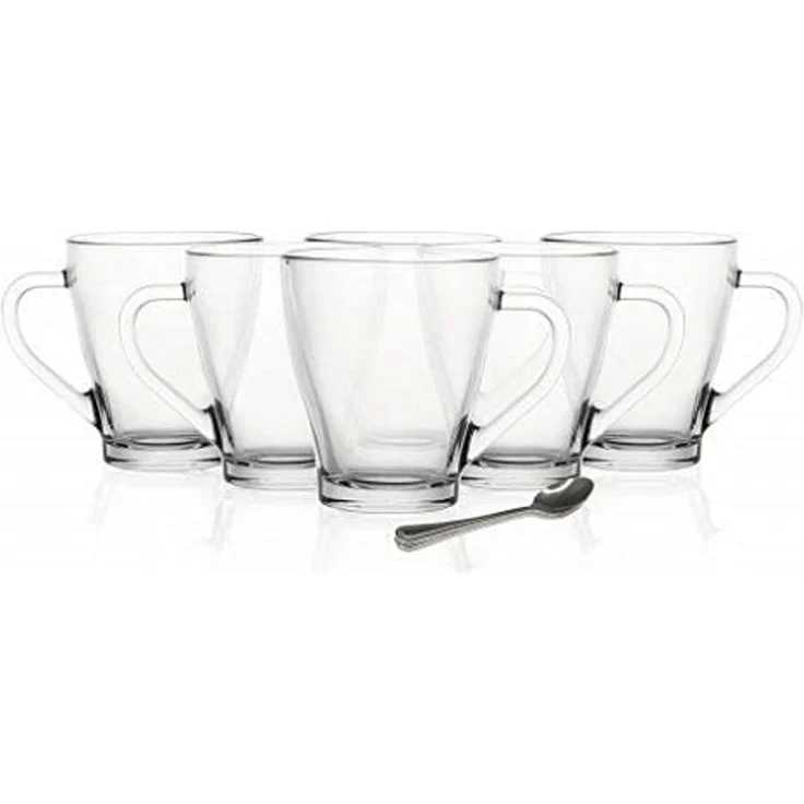 6 Cappuccino-Gläser 250ml mit Henkel und 6 Edelstahl-Löffeln, Kaffee-/ Teegläser – Bild 7