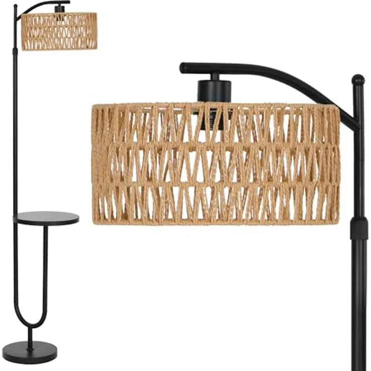LuminexDesigns Stehlampe Wohnzimmer Vintage Rattan - Stehleuchte Schwarz Retro E27 mit Ablage Höhenverstellbar 176CM Boho Standleuchte mit 2M Kabel Fußschalter Beige Standlampe für Schlafzimmer