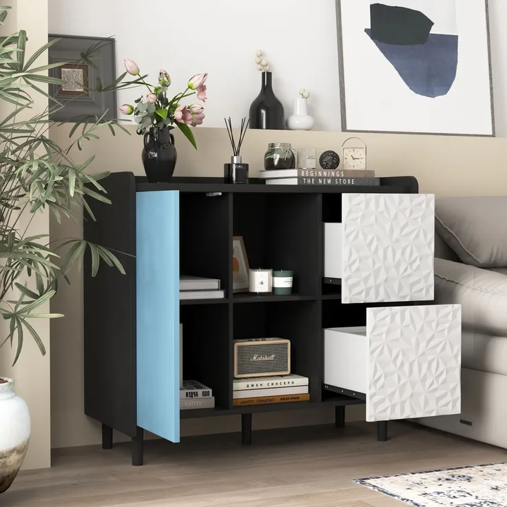 Sideboard-Buffetschrank in Schwarz mit blauen Türen und 2 Schubladen – Viel Stauraum für Küche und Esszimmer