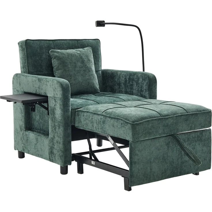 LVHOM Multifunktionaler Schlafsessel mit klappbarer Ablage, Ausziehbares 1-Sitzer Schlafsofa mit Handyhalter und Seitentaschen, Loungesessel, Dunkelgrün – Bild 2