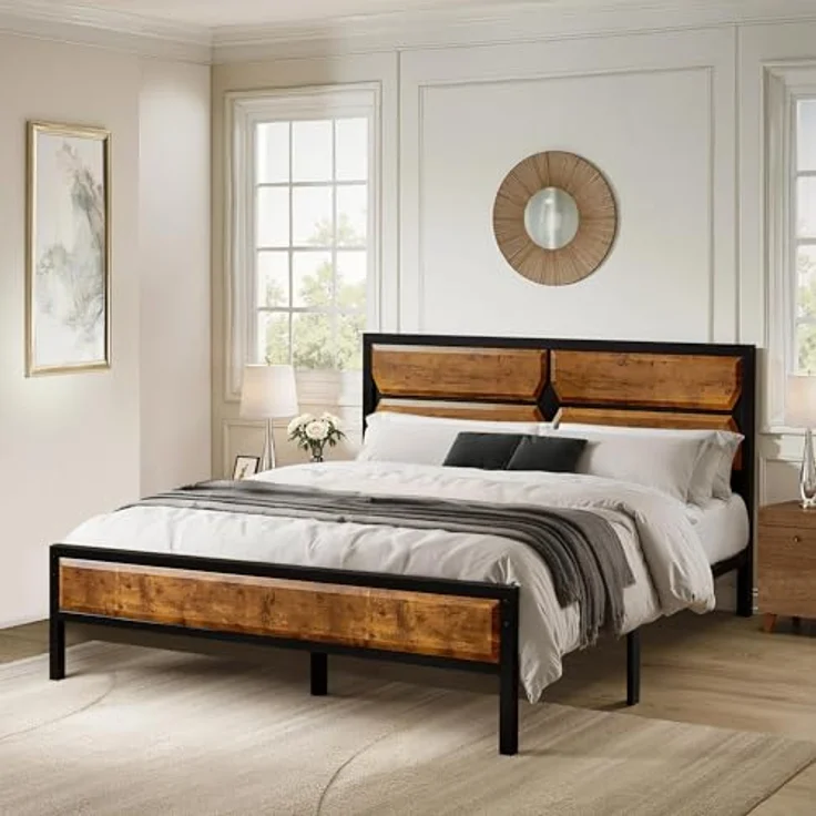 VECELO Bettgestell 140x200 cm, Metall-Holz Doppelbett mit Lattenrost, geräuschlos und stabil, mit Stauraum, einfache Montage für Schlafzimmer und Gästezimmer, Braun – Bild 3