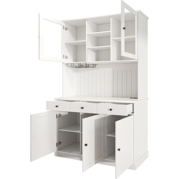 Buffetschränke, Esszimmer-Hochschrank 120×40×191 cm, mit Glastüren, Gläserhalter, mehrstufigem Stauraum, integrierter Steckdose sowie USB-C- und USB-A-Anschlüssen, Weiße und schwarze Griffe – Bild 10