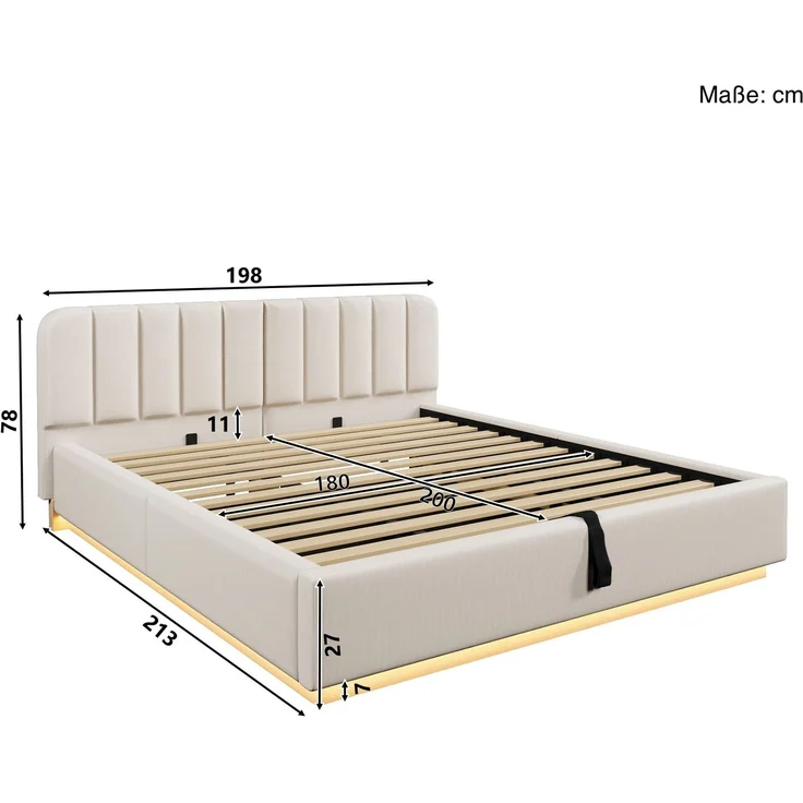 Polsterbett mit LED-Beleuchtung und Stauraum, 180x200 cm, gepolsterter Kopfteil, Doppelbett, Stauraumbett, Chenille – Bild 7