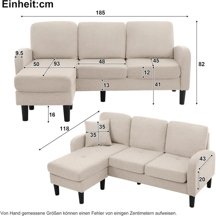 Ecksofa L Form 3 Sitzer Leinenstoff Kunststoffbeine Beige – Bild 2