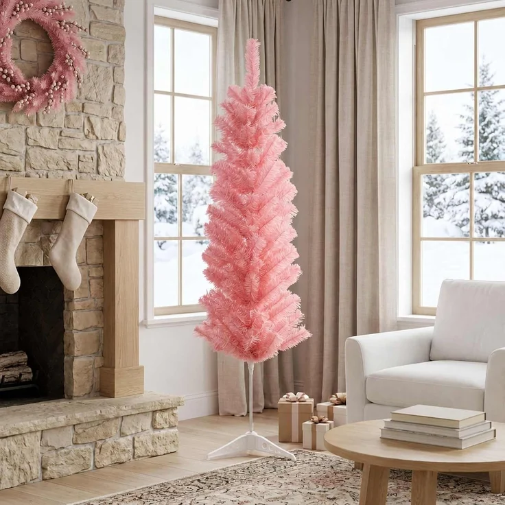 vidaXL Künstlicher schlanker Weihnachtsbaum 150 cm PVC und Stahl Rosa 42055246 – Bild 2
