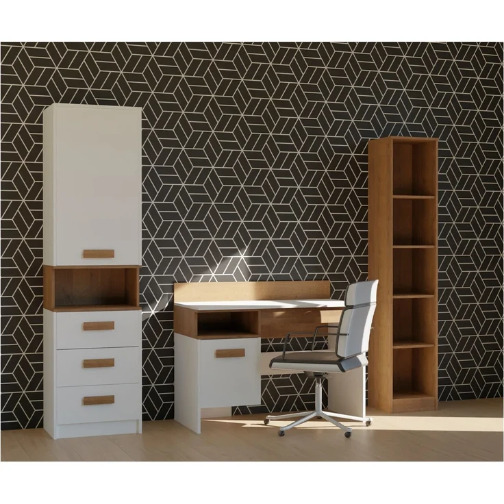 Marmex Möbel Grant Set-M Jugendzimmer-Set 3-teilig mit offenem Regal, Schreibtisch, geschlossenes Regal mit Schubladen, Kinderzimmermöbel mit Schreibtisch, laminierte Spanplatte, Kleiderstange, weiß+riviera Eiche, 198x195x55 cm – Bild 5