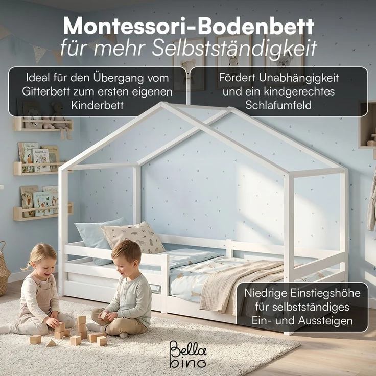 Bellabino 'Abia' Hausbett 90x200 cm mit Matratze, weiß, Kiefer Massivholz, Bodenbett in Hausoptik, Montessori Kinderbett mit Rausfallschutz und Lattenrost – Bild 2
