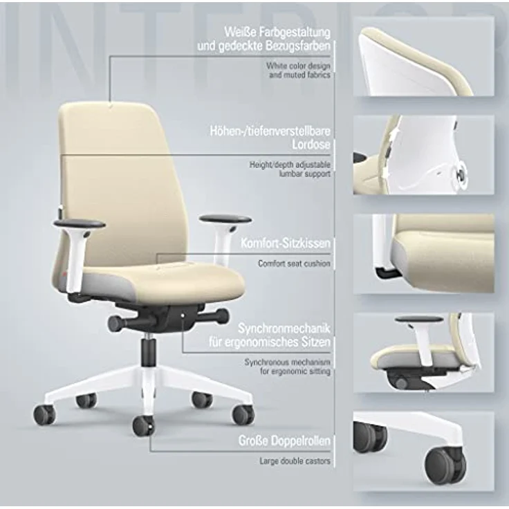 Interstuhl Every Interior Edition – Der Bürostuhl folgt der Bewegung des Körpers nach vorne und hinten – mit Verstellbarer Lordosenstütze (Beige | Weiß) – Bild 5
