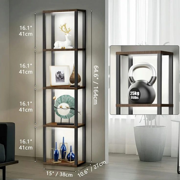 XIIW Stauraumvitrine 5 Etagen LED Standvitrine Standregal Bücherregal Vitrine 38×27×164 cm (Vitrinenschrank mit MDF-Regalen, Fußschalter und Fernbedienung) für Wohnzimmer Schlafzimmer Flur Büro – Bild 2