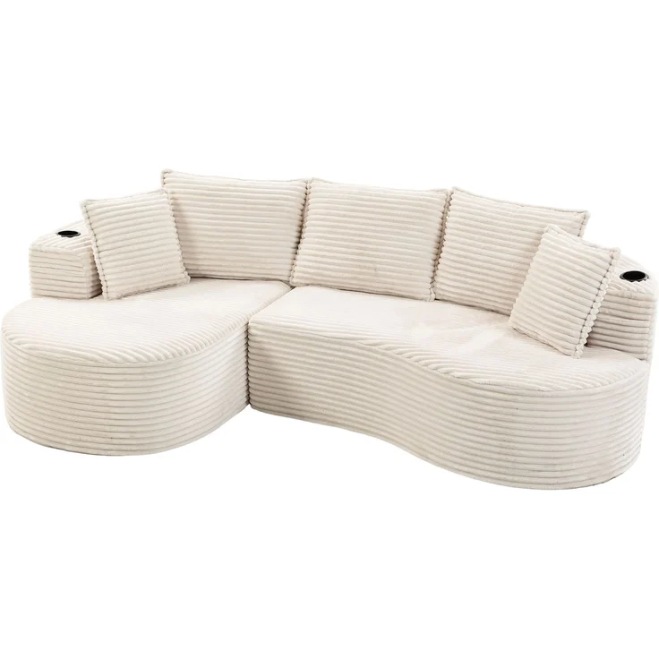 LVHOM Ecksofa L-Form, Cloud Sofa mit Tassenhalter und Seitentaschen, 3-Sitzer Sofa aus Cordstoff, kein Aufbau erforderlich, 250x152cm, Beige – Bild 2