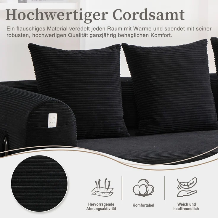 ZUBALIYA Ecksofa 94x67 cm, mit Leiter, mit Cordbezug, mit breiten Armlehnen, modular aufgebaut, mit Schaumstoffpolsterung, Schwarz – Bild 4