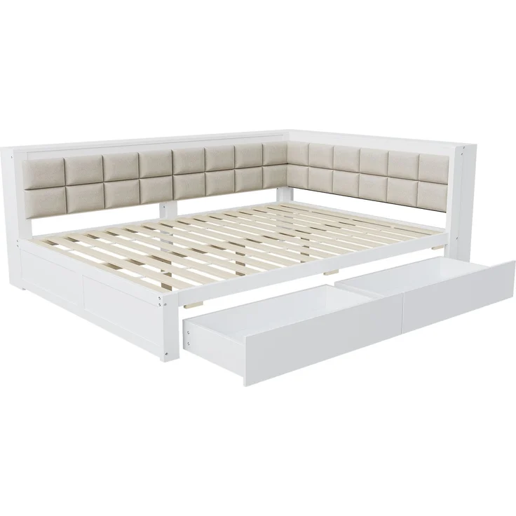 Sofa-Holzbett, 140 x 200, multifunktionales Bett mit weicher Rückenlehne, großer Stauraumschublade, Einzelbett, Jugendbett, Holzbett aus Kiefernholz, Holz, Weiß, 140 x 200 cm – Bild 7