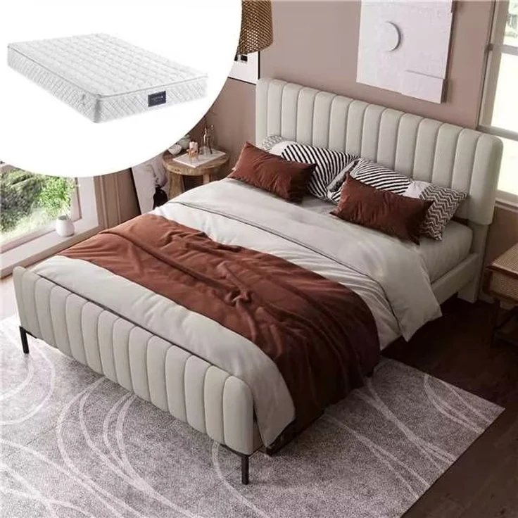 Polsterbett 160x200 cm, Leinen in Grau-Beige mit verstellbarem Kopfteil & Lattenrost, mit Matratze – Bild 1
