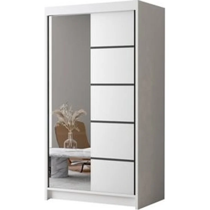 Schwebetürenschrank Letto III 100 cm mit Spiegel - Kleiderschrank, Schiebetürenschrank mit Kleiderstange und Einlegeboden, Schlafzimmerschrank, Schiebetüren - 100x200x58 cm (Weiß) – Bild 5