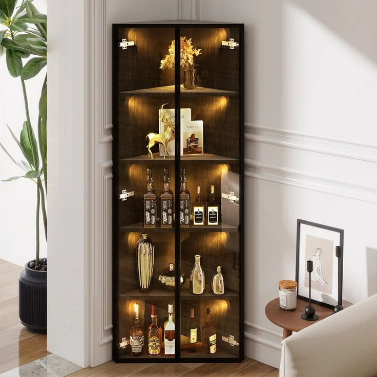 Merax Glasvitrine Eckschrank Eckvitrine mit LED Licht (1-St) Eckvitrine Hochschrank mit 2 Glastüren, Vitrinenschrank, 62 x 35 x 160 cm – Bild 5