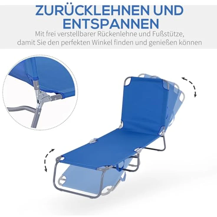Outsunny Klappbare Sonnenliege mit 5-fach verstellbarer Rückenlehne, wetterfest, bis 120 kg belastbar, für Garten und Outdoor, Blau – Bild 4