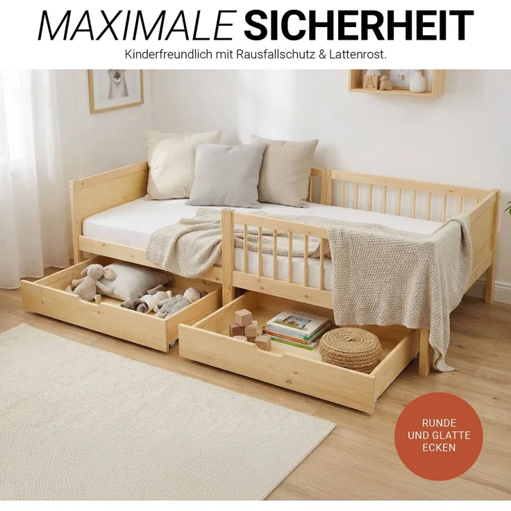Kinderbett 90x200 cm mit Matratze 2 Bettkästen Rausfallschutz Holzbett Natur Einzelbett Gitterbett Holzbettrahmen – Bild 8