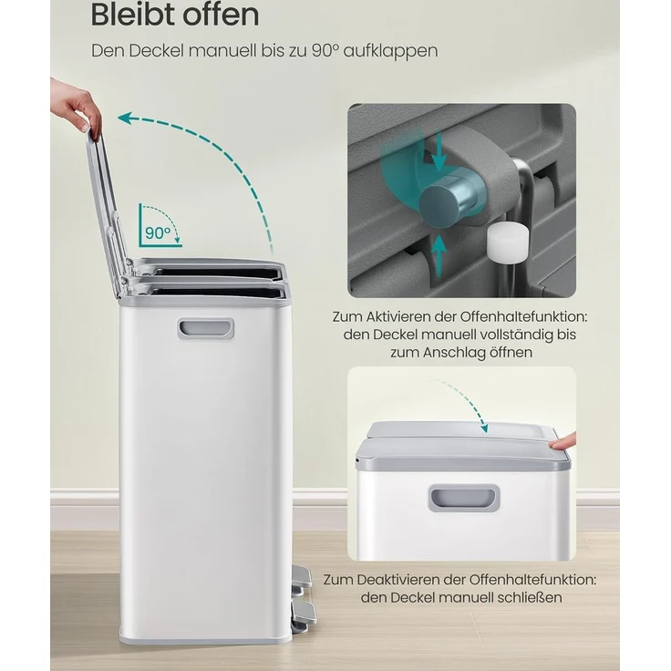 SONGMICS Mülleimer Küche, 2 x 30 Liter, 2 Fächer, Abfalleimer, Tretmülleimer, Küchenmülleimer mit Softclose-Deckel und Inneneimer, Stahl, inklusive 15 Müllbeutel – Bild 6