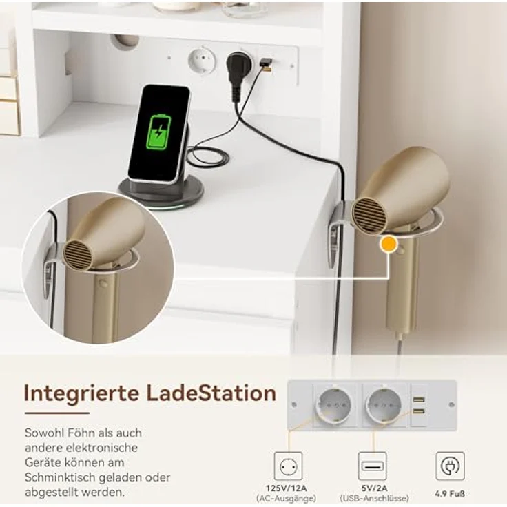 Jocoevol Schminktisch mit Spiegel und LED Beleuchtung, 12 LED Lichtkugeln, 3 Farben, Dimmbar, mit Steckdosenleiste, Kosmetiktisch​ mit 4 Schubladen und 2 Offenen Ablagen, (Weiß) – Bild 8