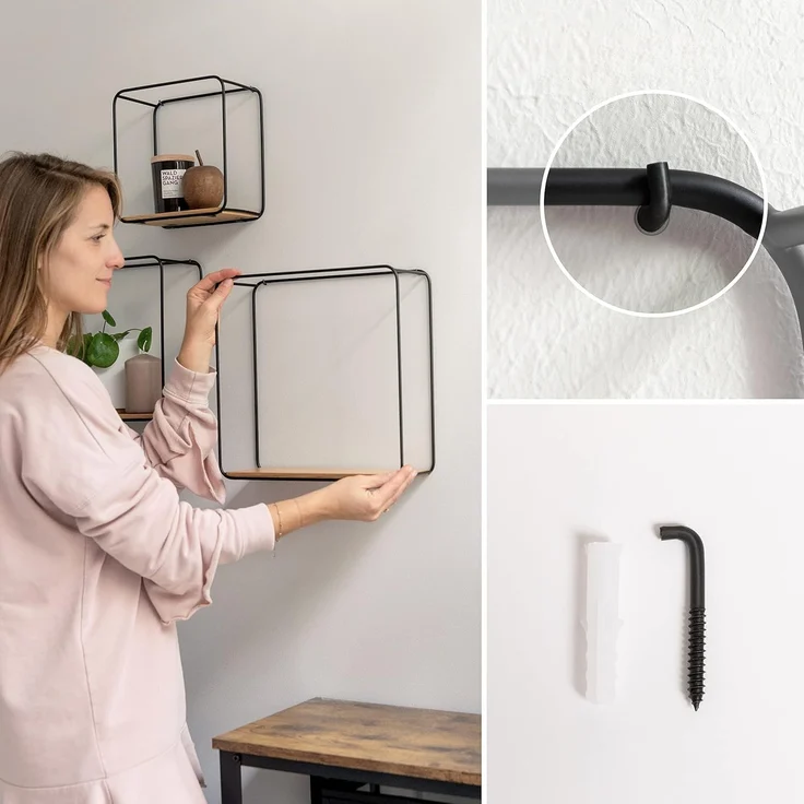 Kazai. Wandregal-Set -Jona- | 3-Teiliges Hängeregal aus Metall und Echtholz-Veneer | Wanddeko und Ablage für Bad, Wohnzimmer, Küche, Schlafzimmer und mehr | Eiche – Bild 6