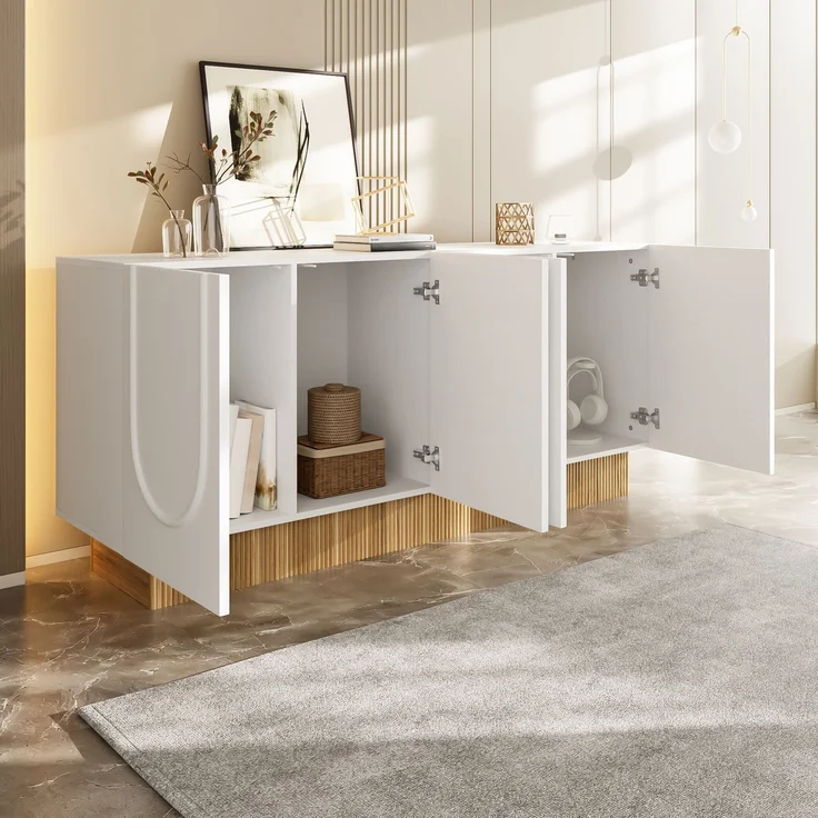 ZUBALIYA Sideboard 160x38x75 cm, mit 4 Türen, aus Spanplatte, Weiß / Holzfarben – Bild 3