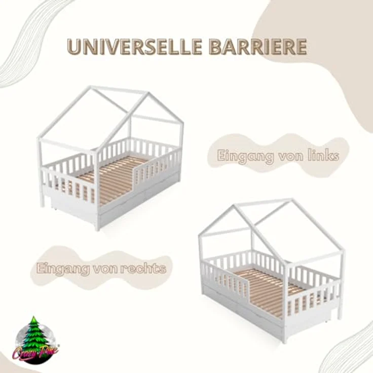 Crazy Pine 'Crazy House' Hausbett mit abnehmbaren Rausfallschutz, Naturholz, Weiß, 90x190 cm, mit Schubladen – Bild 9