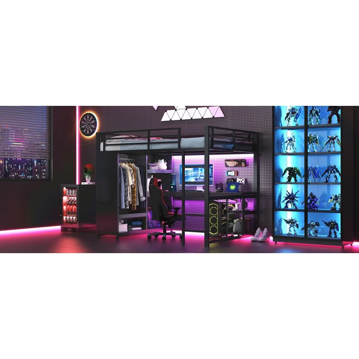 EINHOM 140 x 200 cm Metall-Gaming-Hochbett mit LED, Schreibtisch, Offenem Kleiderschrank und Ablagefächern, Schwarz (Ohne Matratze) – Bild 5