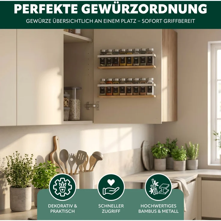 eluno Gewürzregale 2er Set mit Bambusboden, zur Wandmontage, aus Metall beige – Bild 3