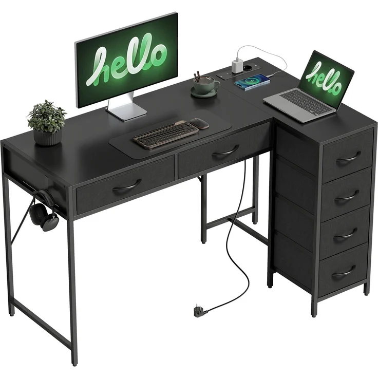 Eckschreibtisch mit 6 Schubladen mit seitlichem Haken und integrierten Steckdosen, 126.0×48.0×80.0cm, Schwarz, MELAYR – Bild 1
