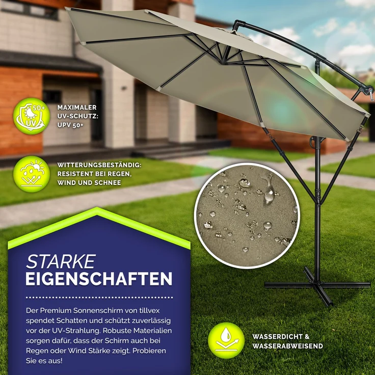 tillvex Sonnenschirm Braun Ø 350 cm Ampelschirm Gartenschirm Marktschirm Kurbel Balkon Alu Neigbar Braun - Ø350cm – Bild 2