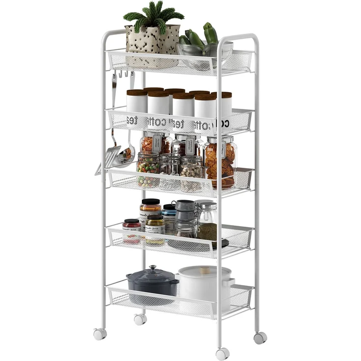 MELAYR, Küchenwagen mit 5 Drahtkörben, 4 Haken, 4 Rollen, 2 Griffe, Stahl/Kunststoff, 45x26.5x106 cm, Weiß – Bild 2