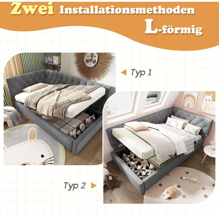 Schlafsofa L-Form Grau Samt Stauraum Hydraulisch 90x190 cm Beige Rosa Kopfteil beidseitig montierbar – Bild 6