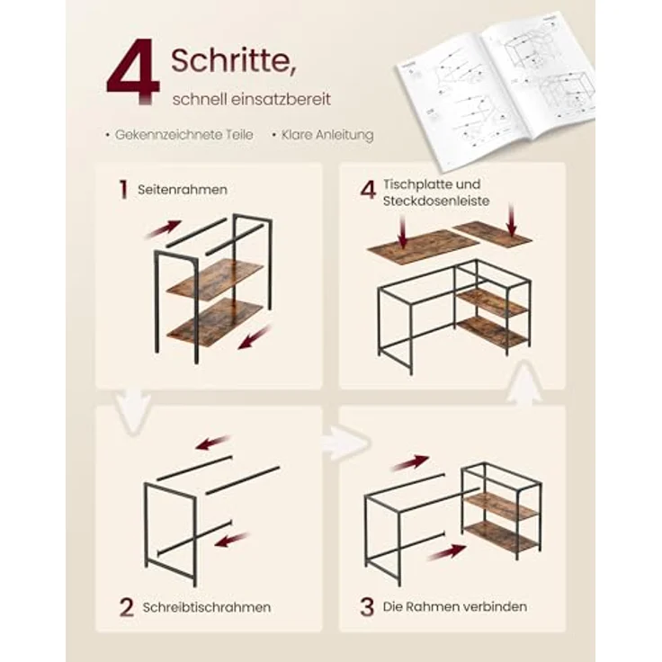 VASAGLE Eckschreibtisch in L-Form, Computertisch mit Stauraum, Bürotisch, höhenverstellbare Ablage, für Homeoffice, 110 x 80 cm, vintagebraun LWD135KD01 – Bild 8