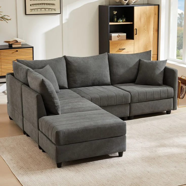 ZUBALIYA Modulare Wohnlandschaft, modular kombinierbar, mit Hocker, H 85 × T 194 × B 220 cm, Grau, Leinenoptik – Bild 4