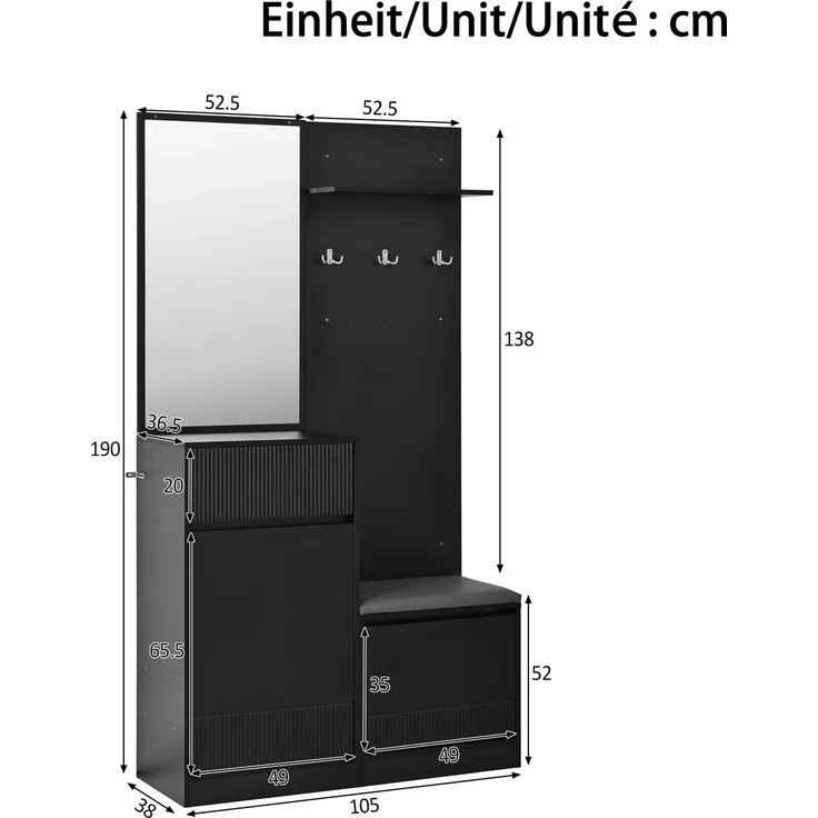 Kompaktgarderobe 105 x 38 x 190 cm in Schwarz mit Spiegel, Sitzbank und LED-Beleuchtung – Bild 2