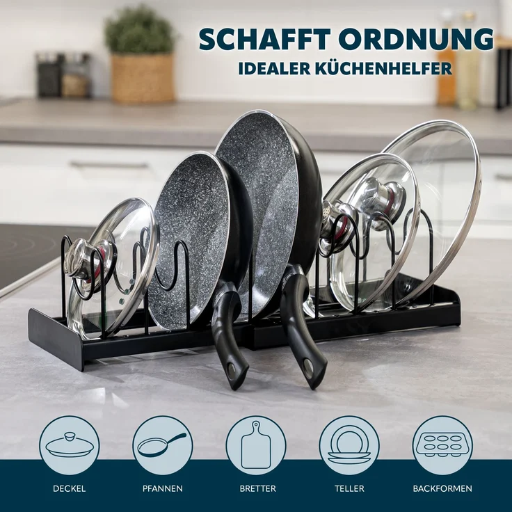 eluno Topfdeckel und Pfannenhalter aus schwarzem Metall ca. 47 x 17 x 14 (B/H/T) – Bild 2