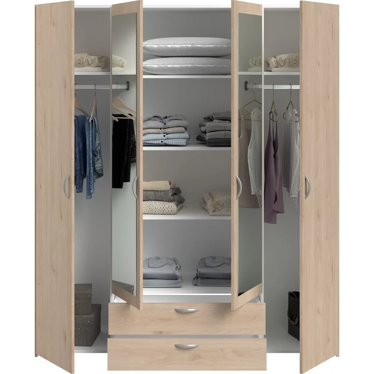 Kleiderschrank >Daily 13< 5 Böden, 2 Stangen, 2 Schübe, Eiche Dekor/Spiegel - 160x185x51cm BxHxT – Bild 3