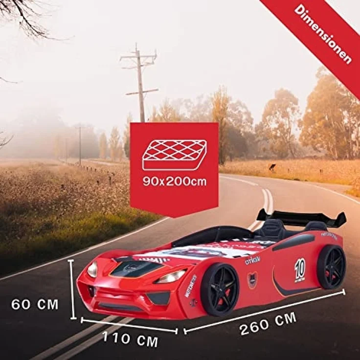 Coemo Autobett DREAM RACER (Spielbett mit Spoiler), Rot Kinderbett 90x200 Sportsitz Rückenpolster, Lattenrost LED-Licht – Bild 2