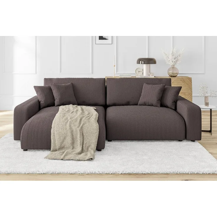 S-Style Möbel Ecksofa Emma mit Bettfunktion in Cord-Stoff schöner Sitzkomfort, Ottomane links oder rechts bestellbar, mit Wellenfederung